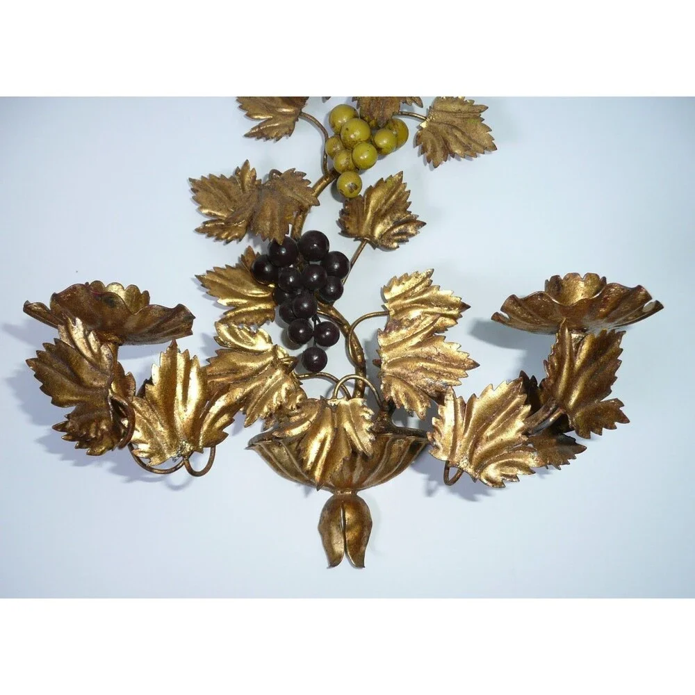 Vtg 2 Candle Sconce Italian Style Gold Grape Vine Gilt Metal Toleware Wall MCM